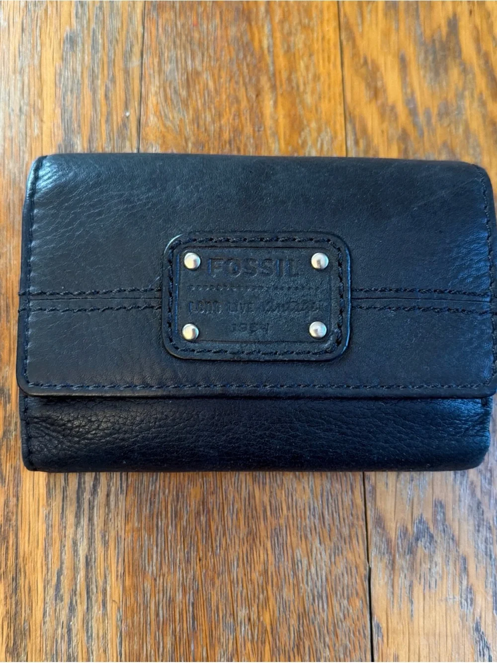 FOSSIL Long Live Vintage 1954 Trifold Wallet Women’s Black Leather 5.5'x4